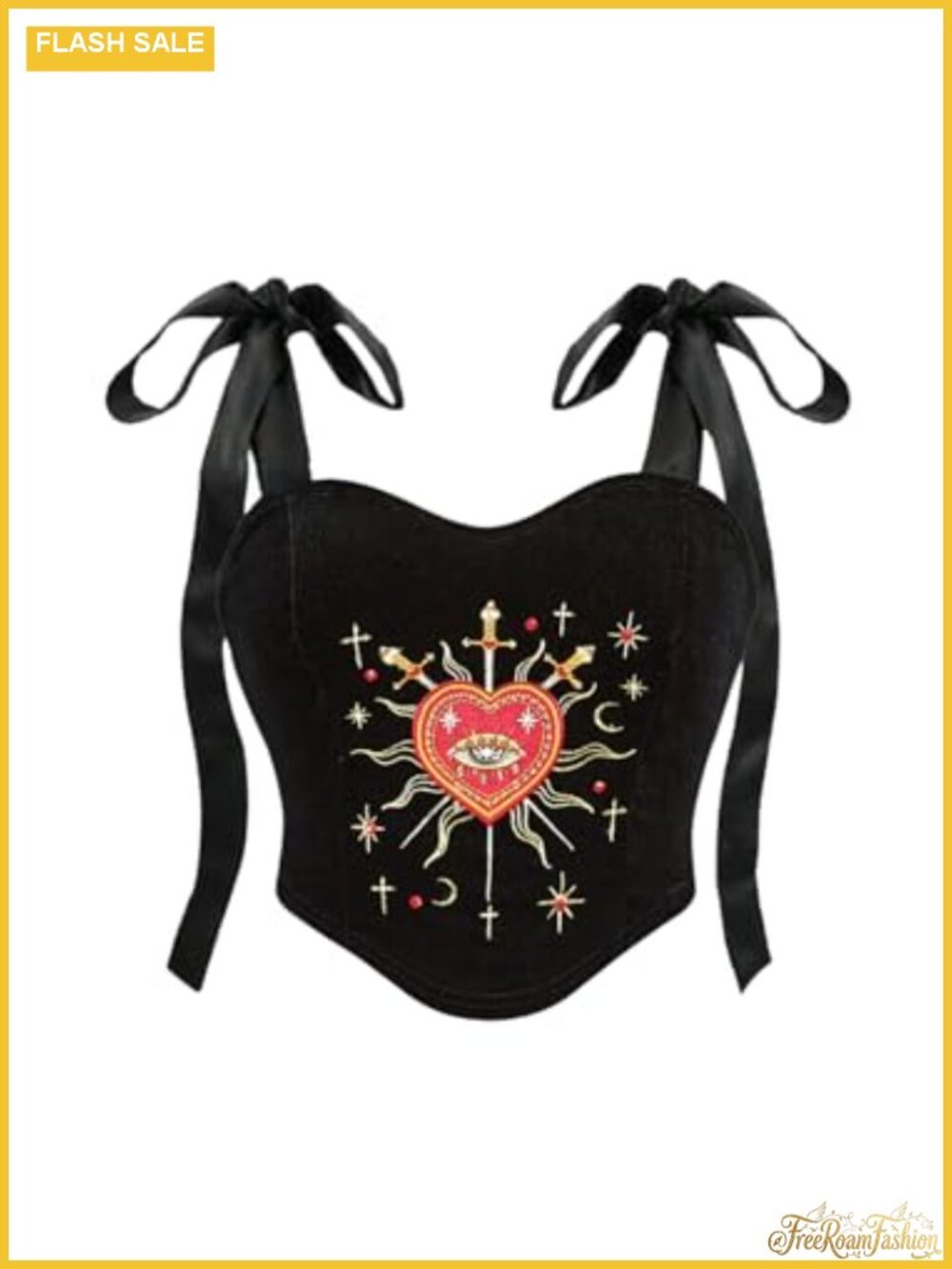 Velvet Embroidered Tie Strap Corset Bustier Plus Size Gothic Crop Cami